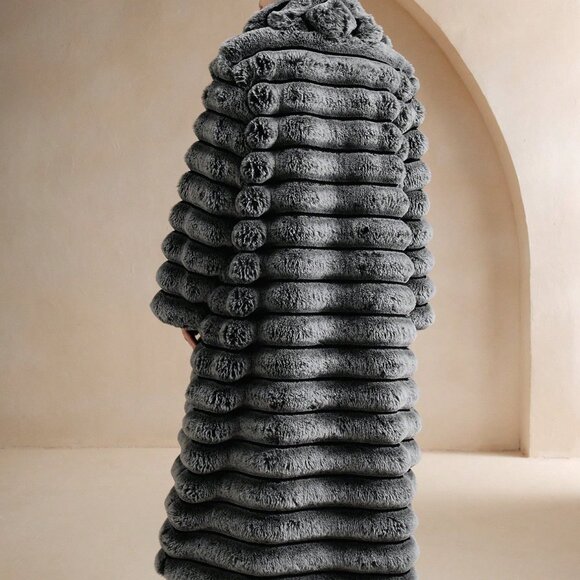 Black And White Fluffy Women's Mid-Length Coat - Picture 2 of 8